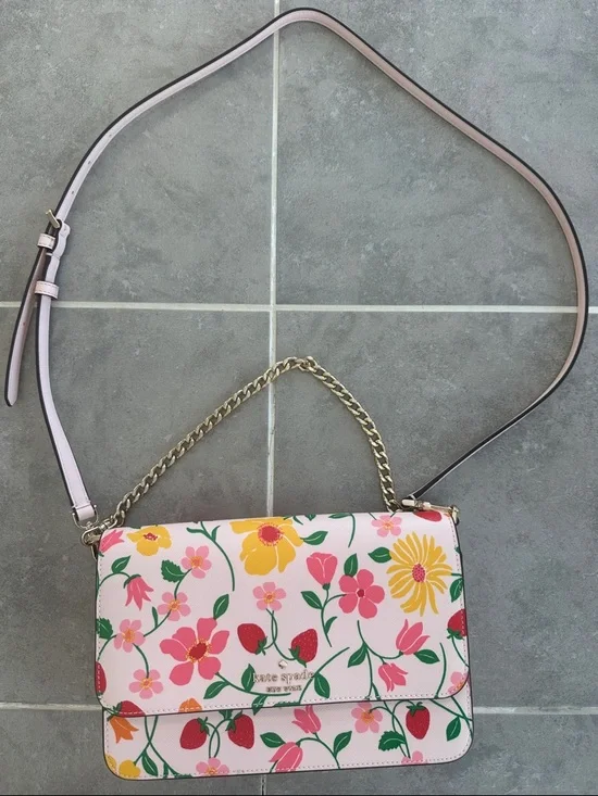 kate spade Pink Floral Leather Crossbody with Gold Chain - Picture 1 of 1